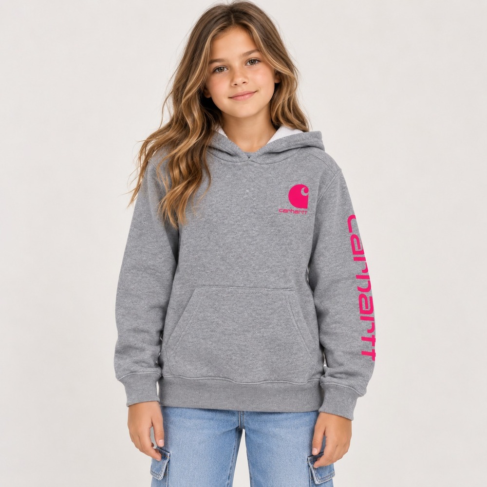 CARHARTT Kids Girls Sweatshirt SMALL US8 Gray Pink Hoodie Graphic Logo TS9836-G